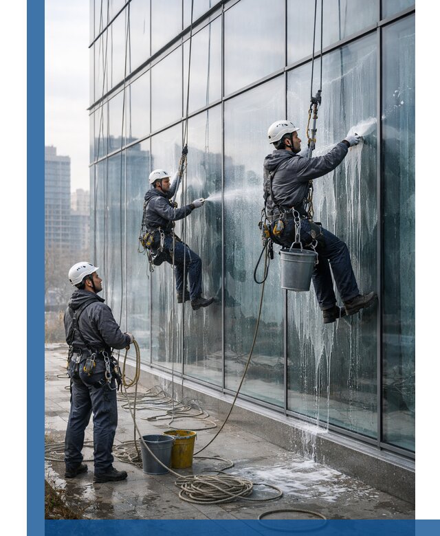 Промышленная мойка панорамных окон на высоте в Обнинске