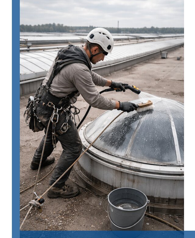 Мойка зенитных фонарей на кровле для промышленных объектов в Обнинске