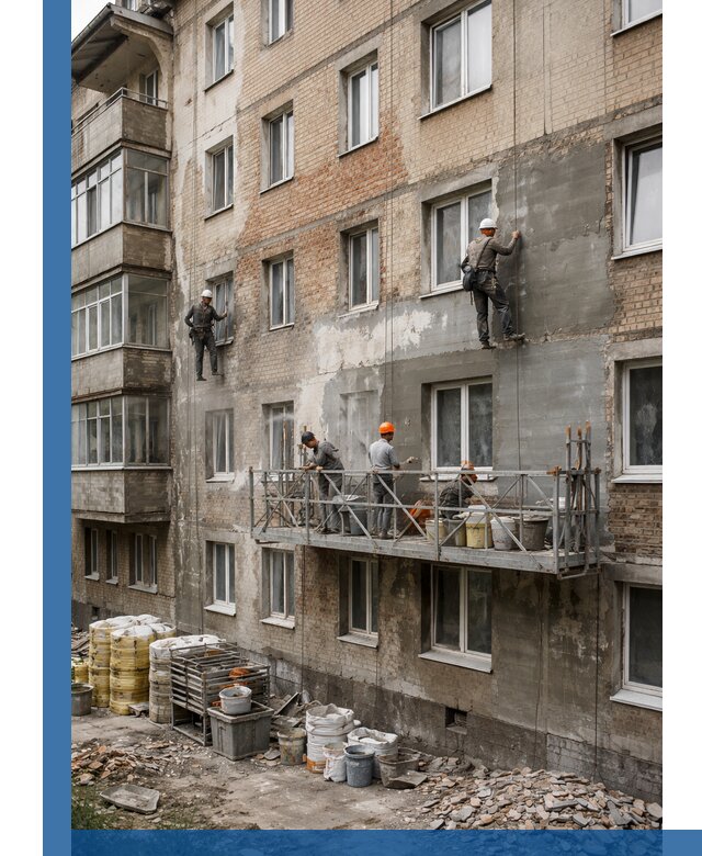 Капитальный ремонт фасада в Обнинске с восстановлением и гидроизоляцией