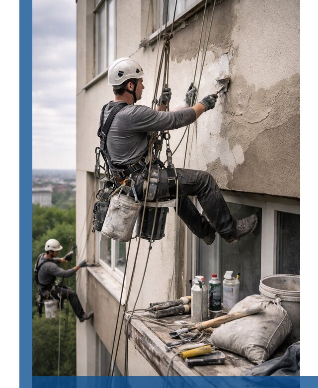 Косметический ремонт фасада зданий в Обнинске промышленными альпинистами