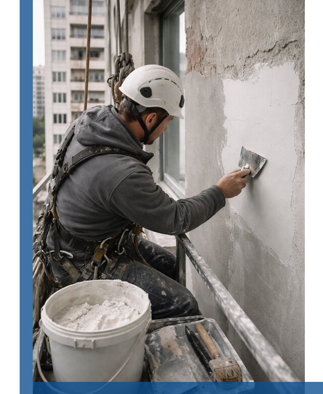 Шпаклевка фасадов на высоте с промальпинистами в Обнинске