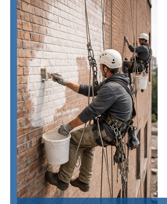 Покраска кирпичного фасада с доступным альпинистским сервисом в Обнинске