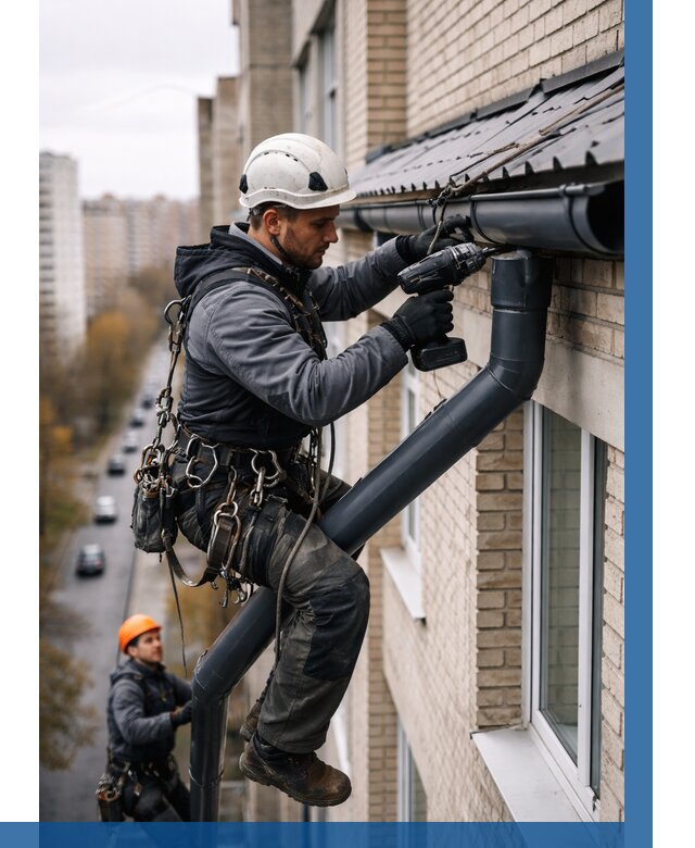 Монтаж водосточной системы на здании в Обнинске от 5075 р. | ВЫСОТНИК-Бнн