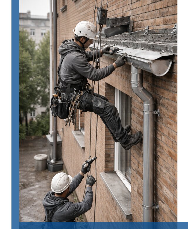 Монтаж водосточной системы на здании в Обнинске под ключ