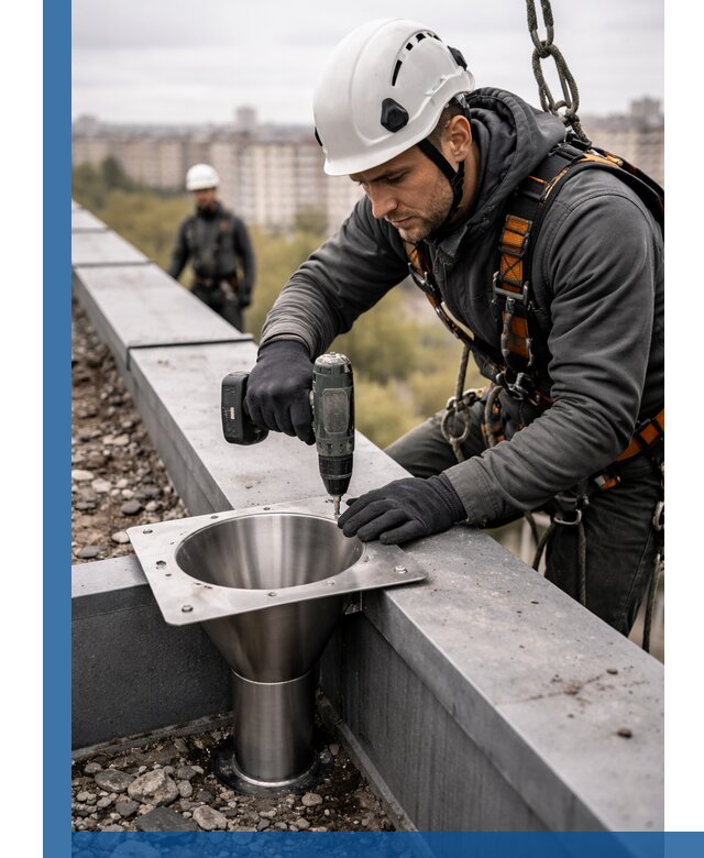 Монтаж водосточных воронок в Обнинске для промышленных зданий