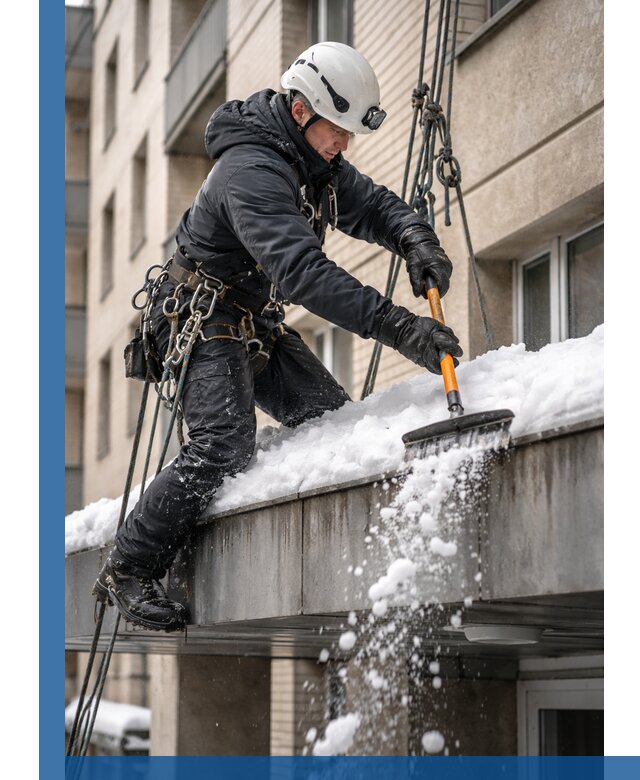 Очистка козырьков от снега в Обнинске круглогодично безопасно