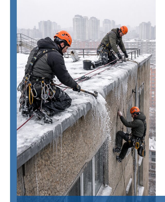 Удаление наледи с кровли в Обнинске промышленными альпинистами