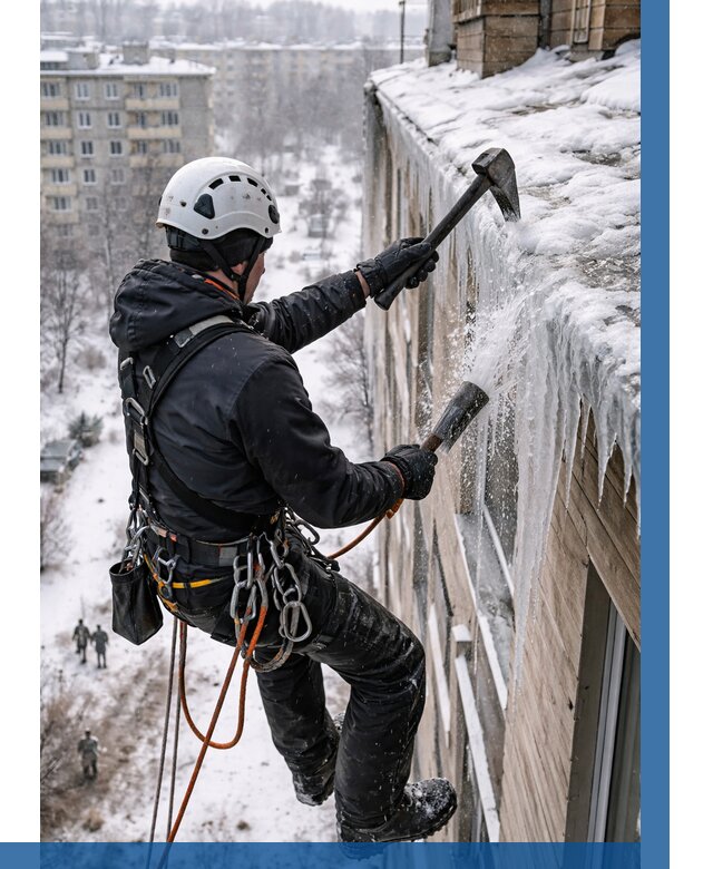 Сбивание сосулек с крыши в Обнинске по цене от 4568 р. | ВЫСОТНИК-Бнн