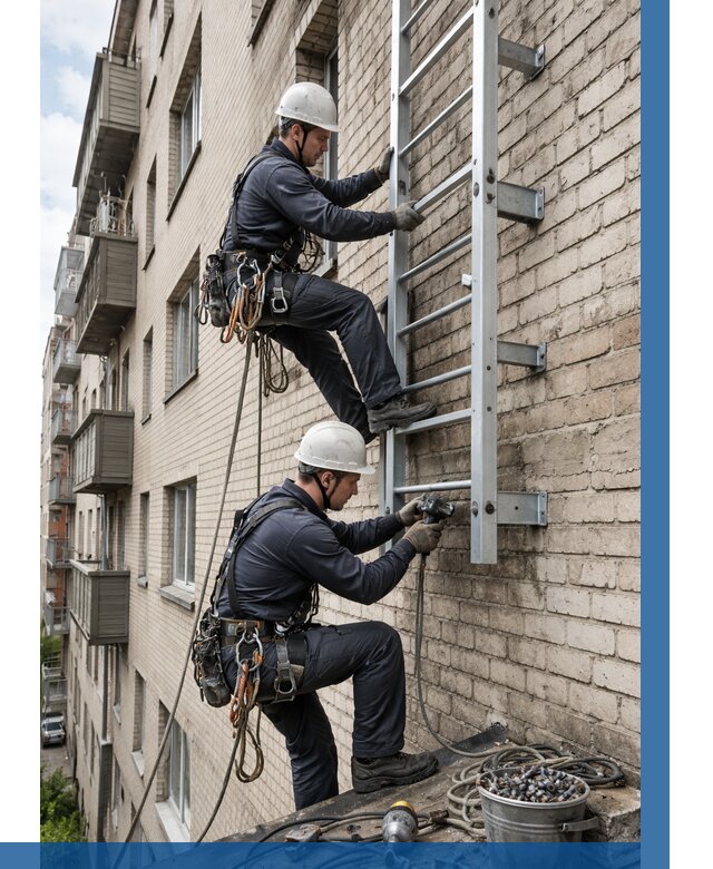 Монтаж пожарной лестницы в Обнинске от 25375 р заказать у ВЫСОТНИК-Бнн