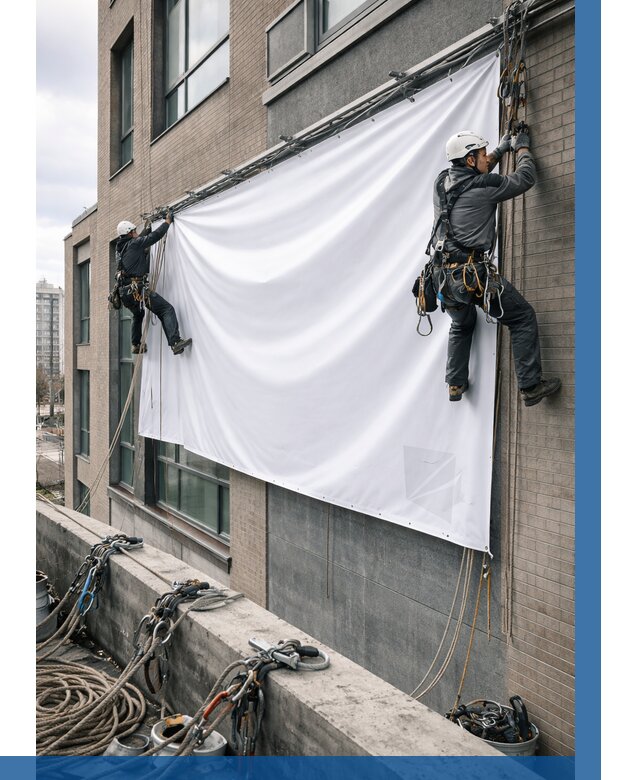 Монтаж баннеров на фасаде в Обнинске от 660 р. заказать ВЫСОТНИК-Бнн