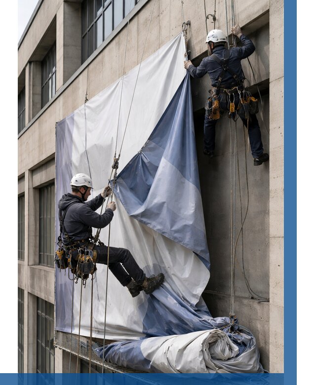 Демонтаж баннеров с фасада в Обнинске от 4568 р. | ВЫСОТНИК-Бнн