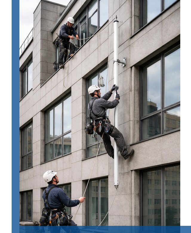 Монтаж флагштока на фасаде здания с креплением и герметикой в Обнинске