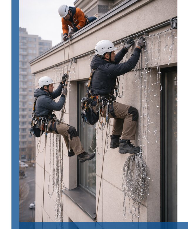 Монтаж праздничных гирлянд на фасаде в Обнинске для зданий