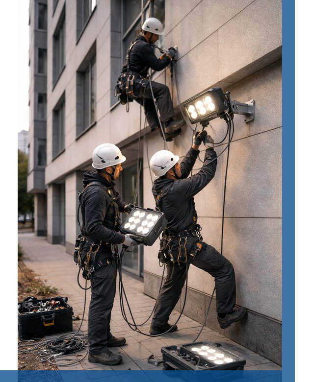 Монтаж прожекторов на фасаде в Обнинске от 7613 р. | ВЫСОТНИК-Бнн