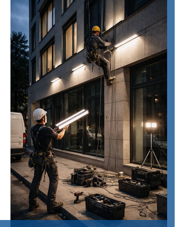 Монтаж архитектурной подсветки здания в Обнинске от 2538 р.|ВЫСОТНИК-Бнн