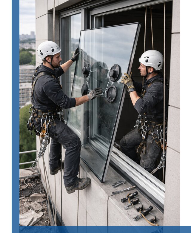Замена стеклопакетов на высоте с промышленными альпинистами в Обнинске