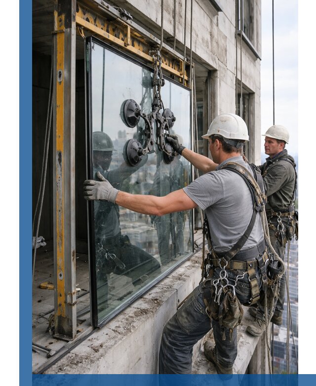 Монтаж стеклопакетов на высоте в Обнинске с промышленным альпинизмом