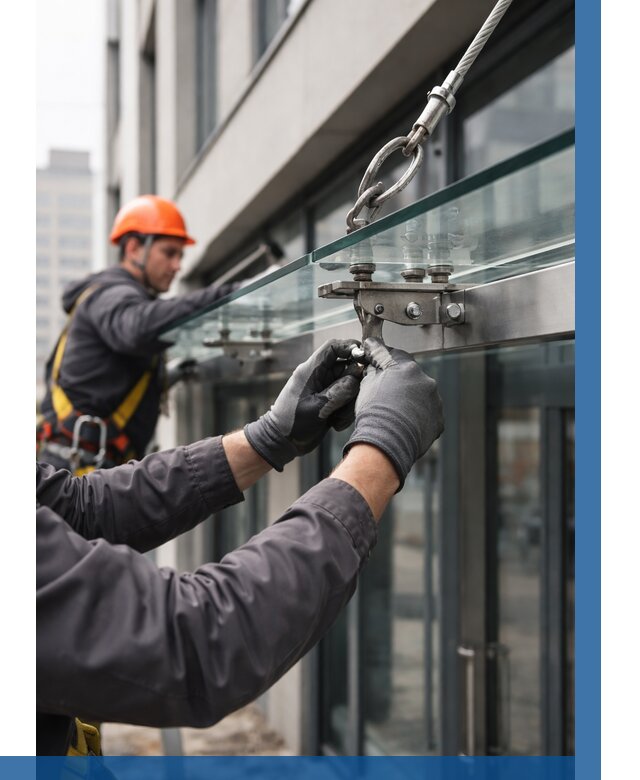 Монтаж стеклянных козырьков в Обнинске от 8628 р. | ВЫСОТНИК-Бнн