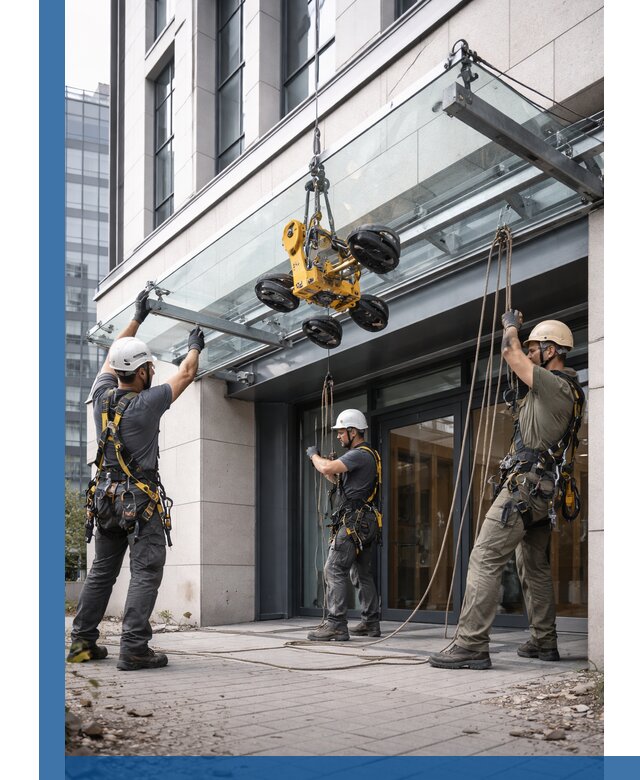 Монтаж стеклянных козырьков под ключ в Обнинске для зданий