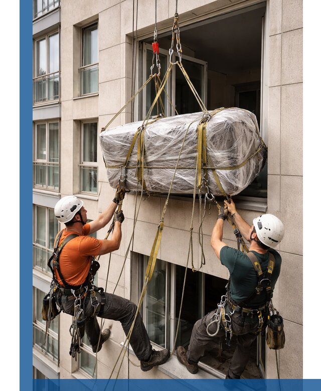 Подъем грузов через окно в Обнинске промышленными альпинистами