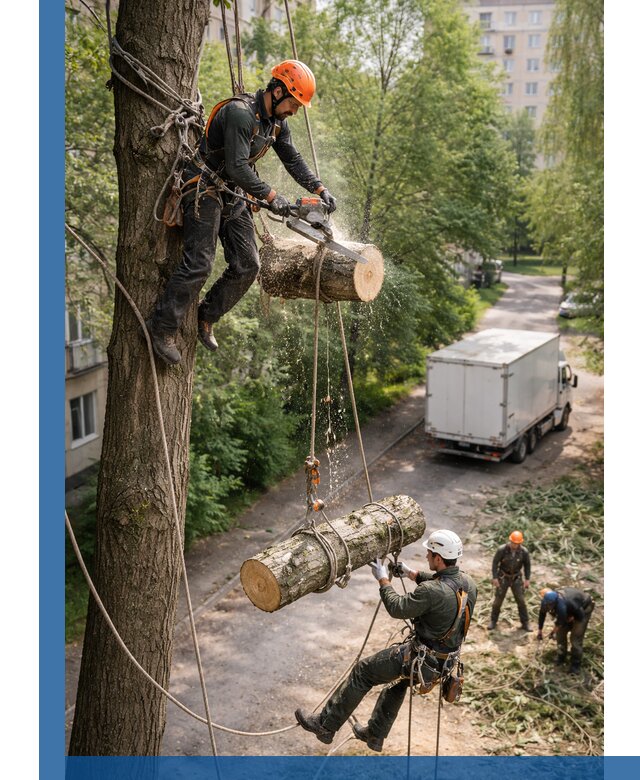 Спил деревьев альпинистами в Обнинске, безопасно и без повреждений