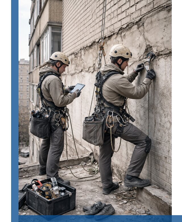 Обследование фасада промышленными альпинистами в Обнинске